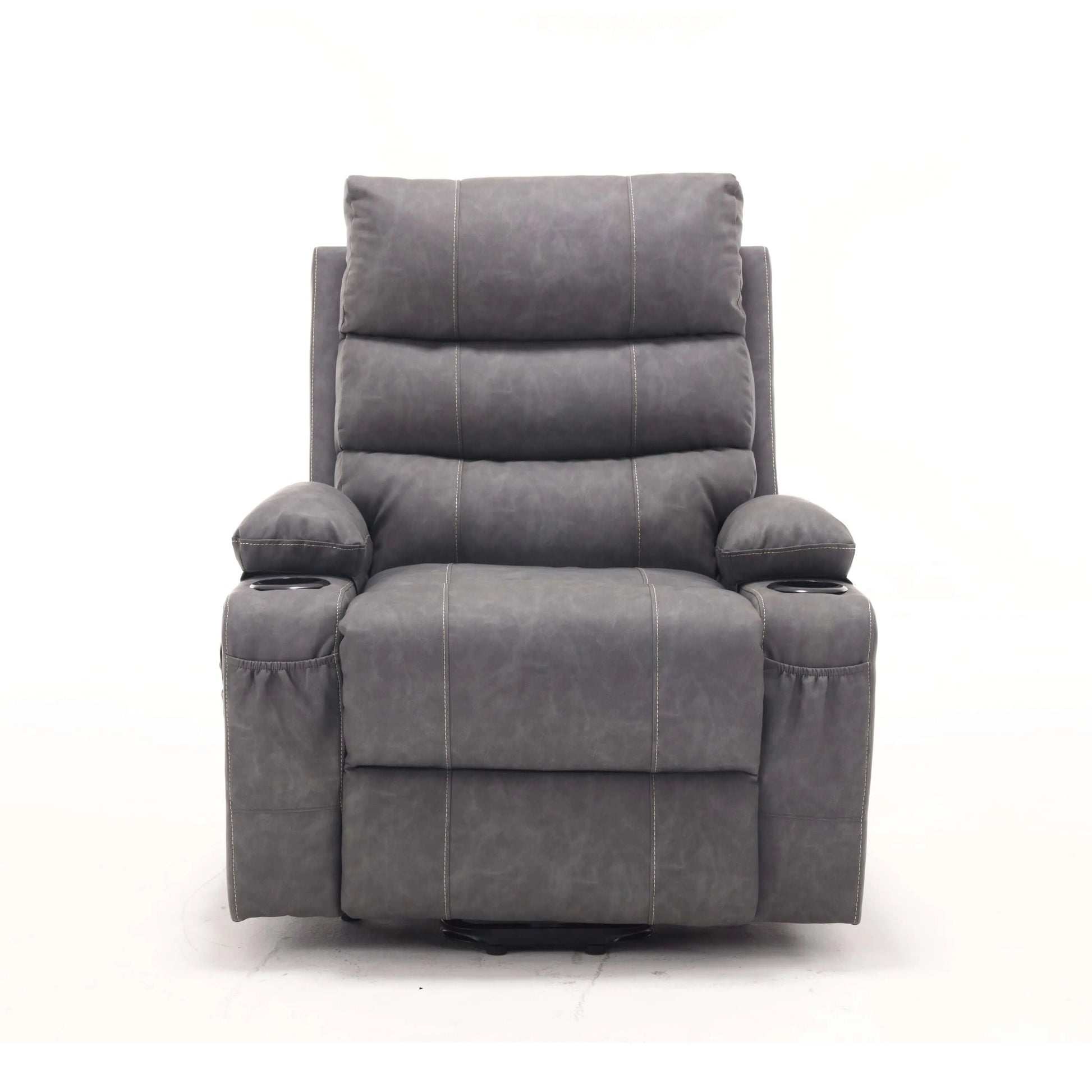Gray faux leather power lift recliner with wide seat, padded arms, and sleek silhouette—built for cozy lounging and modern living, on white background.