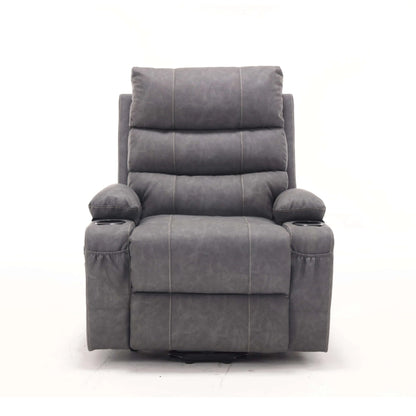 Gray faux leather power lift recliner with wide seat, padded arms, and sleek silhouette—built for cozy lounging and modern living, on white background.
