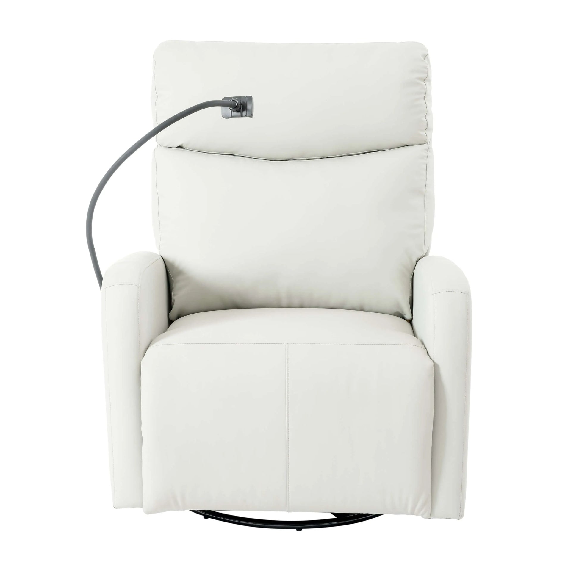 Front view of a light gray leather recliner chair on a white background