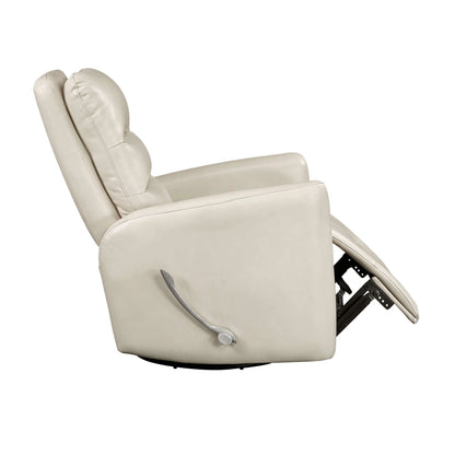 Side view of a beige recliner with footrest partially extended on a white background.