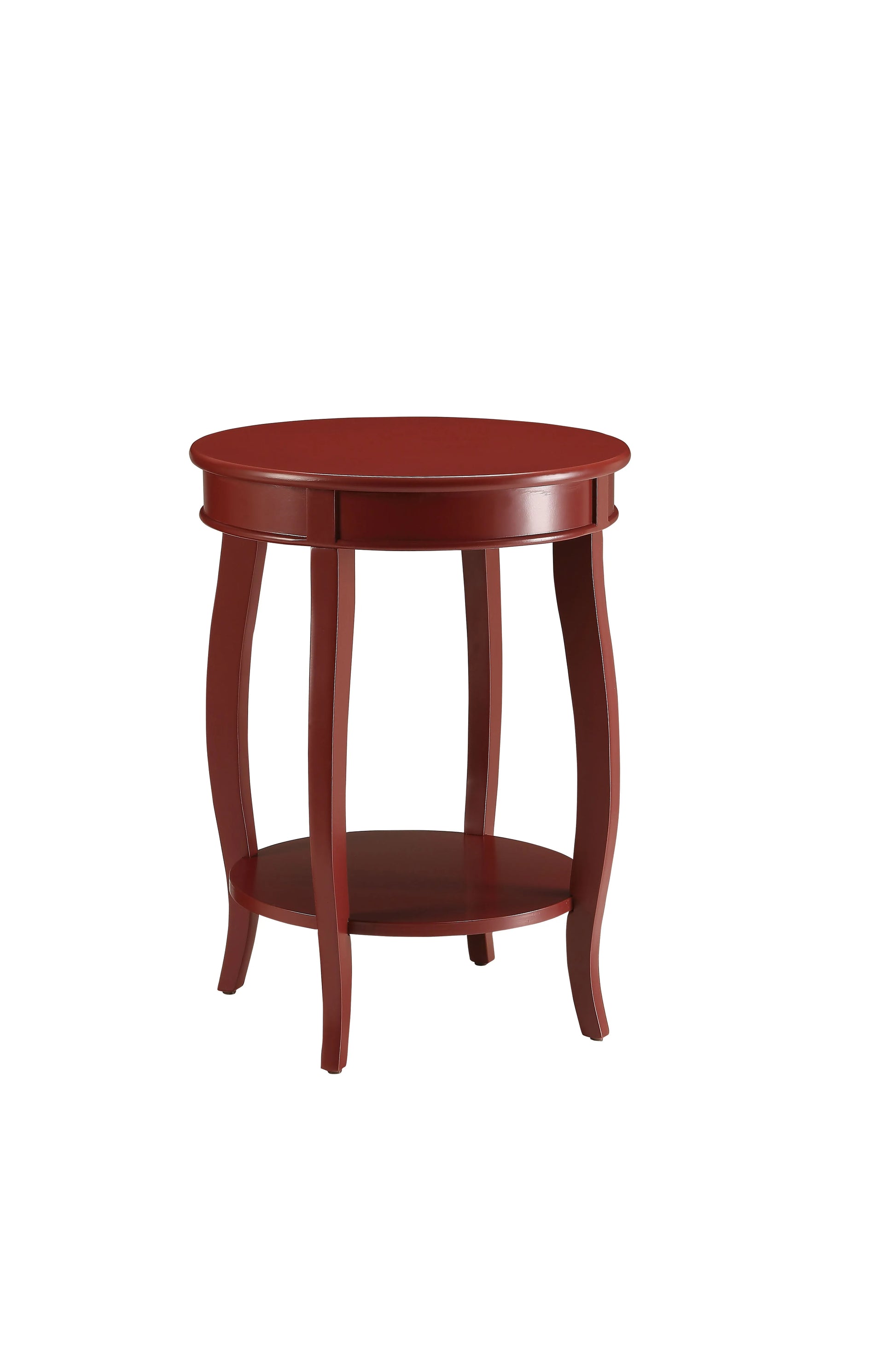 Round red wooden end table with a shelf on a white background