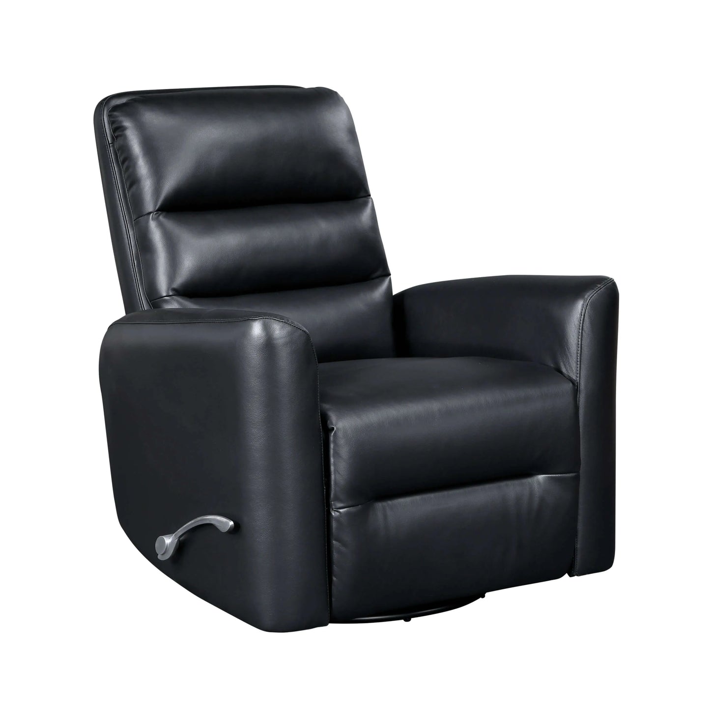 Black leather recliner chair with manual pull arm on a white background