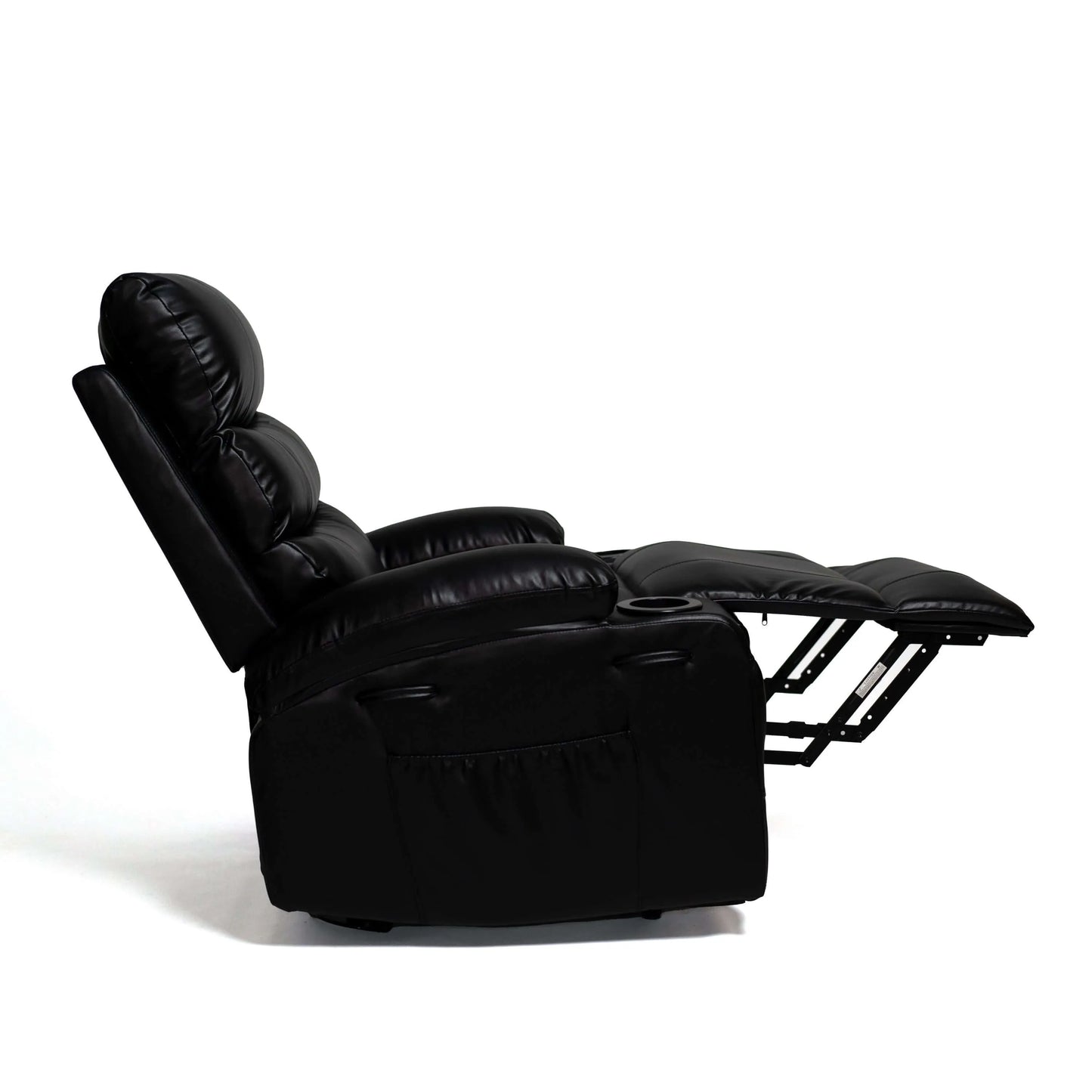 Side view of a black faux leather power lift recliner chair on a white background