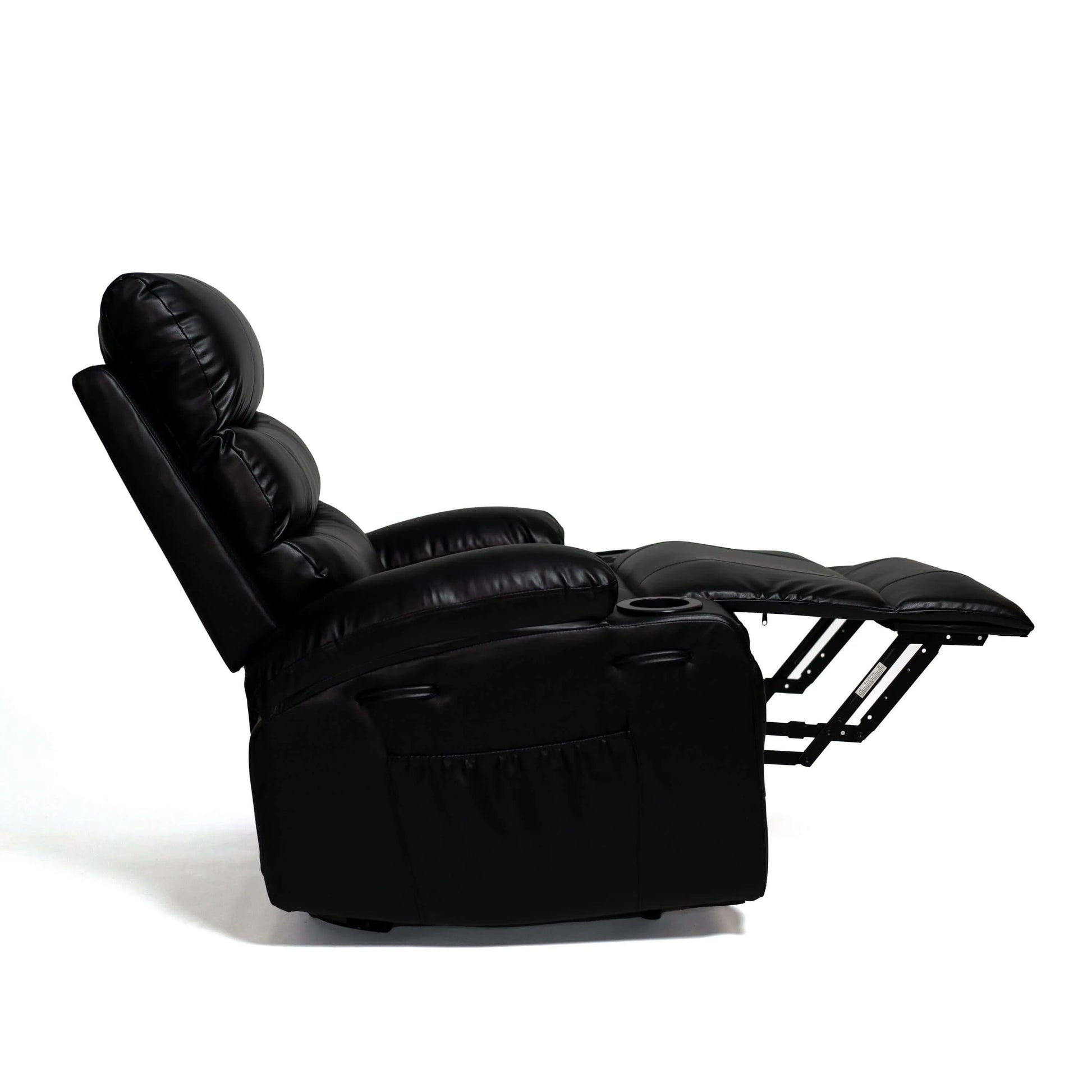 Side view of a black faux leather power lift recliner chair on a white background