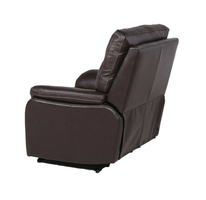 Back view of a brown leather recliner chair on a white background