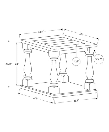 Measurement diagram of a square end table with baluster legs on a white background