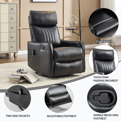 Black recliner chair with features highlighted in a home setting