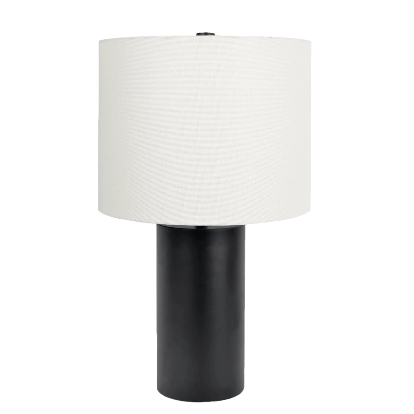 Table lamp with a black base and white drum shade on a white background