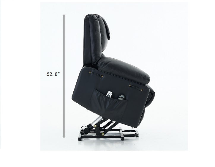 Black recliner lift chair with height measurement on a white background