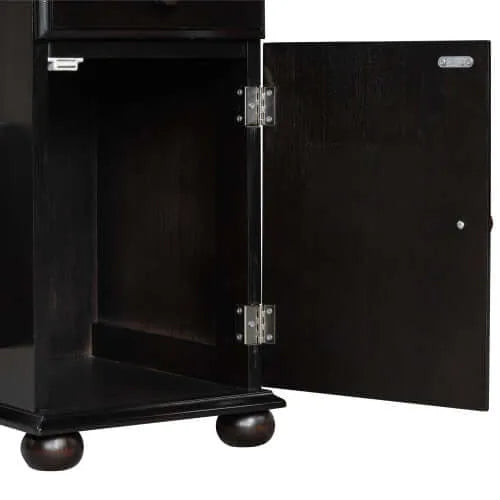 Dark brown end table cabinet with open door on a white background