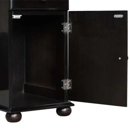 Dark brown end table cabinet with open door on a white background