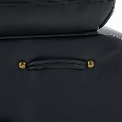 Close-up of a black leather recliner chair decorative detail on a white background