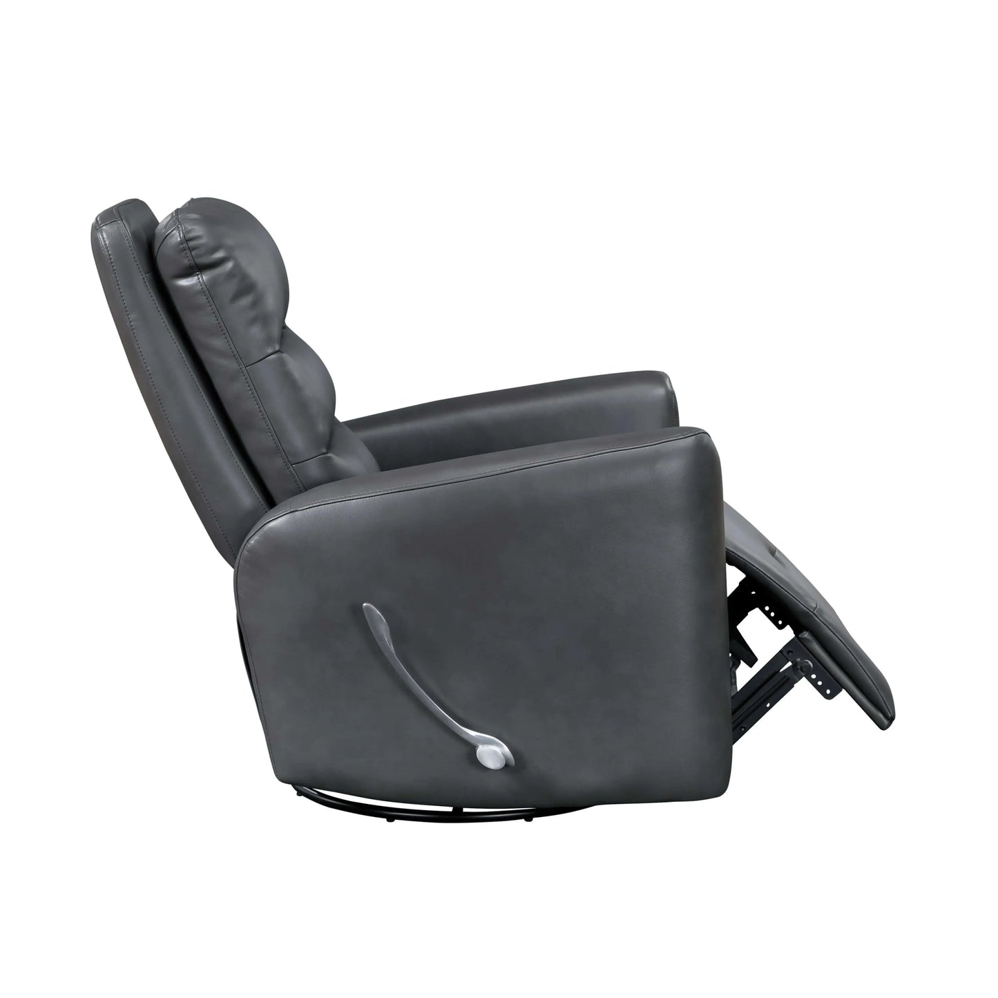 Side view of a gray recliner chair with footrest partially extended on a white background