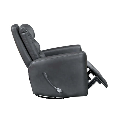 Side view of a gray recliner chair with footrest partially extended on a white background
