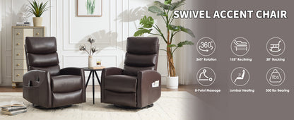 Two brown swivel accent chairs in a room with decorative elements and feature icons on the right.