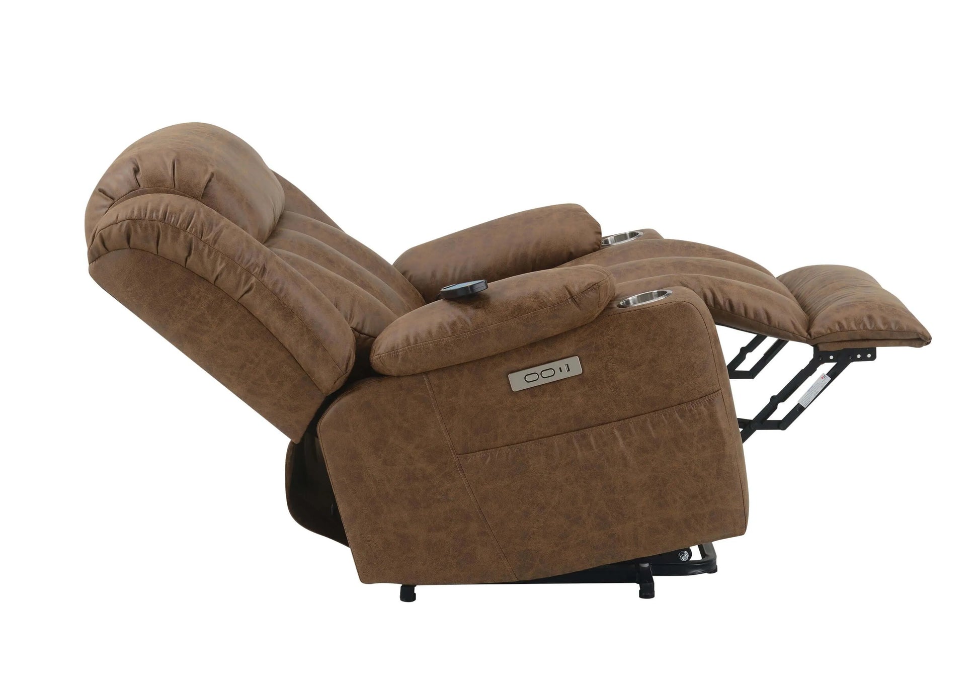 Side view of a fully reclined brown recliner chair on a white background