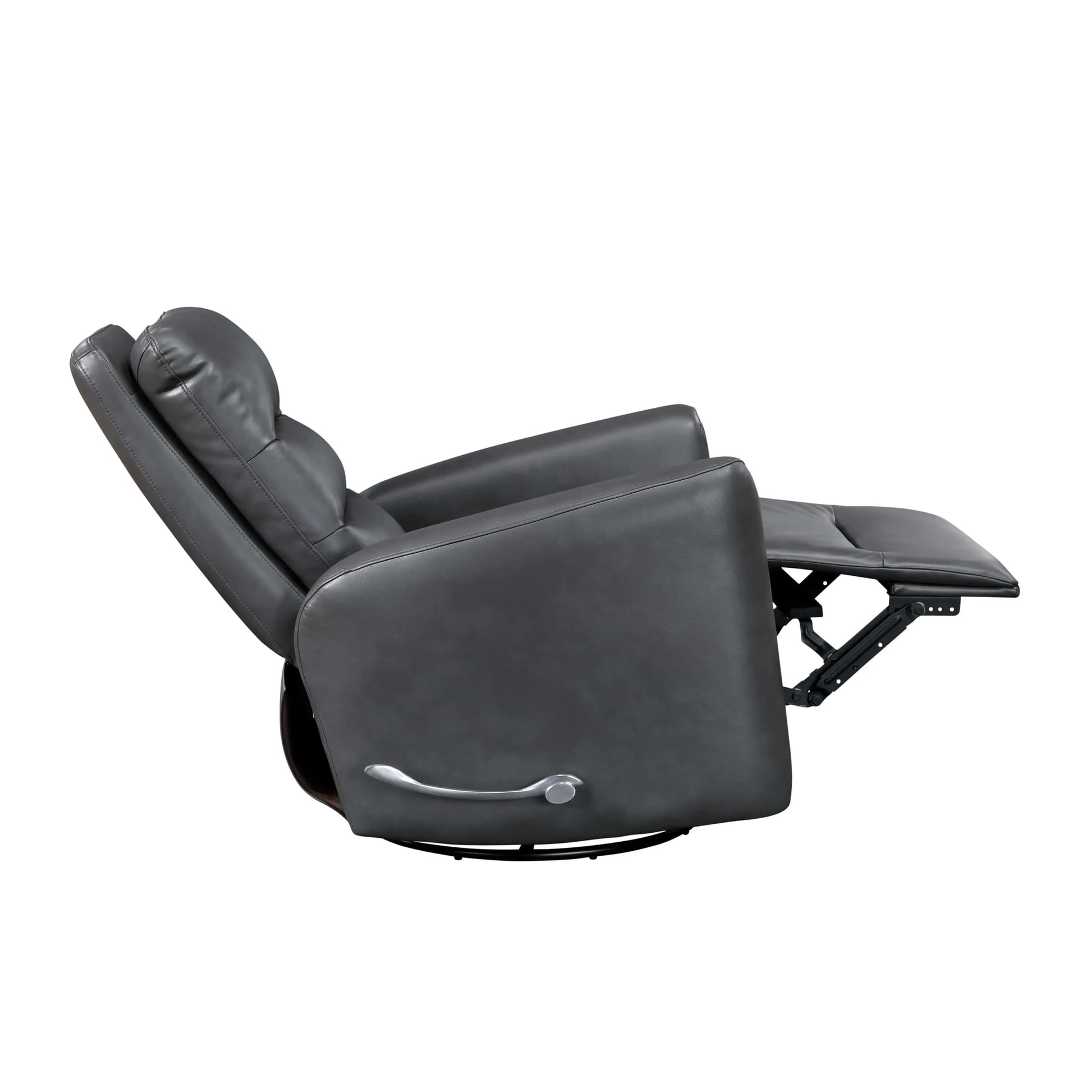 Side view of a fully extended gray recliner chair with manual control on a white background