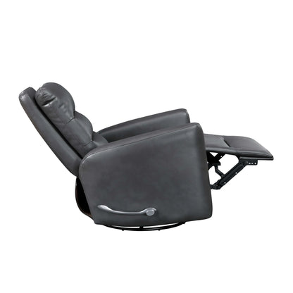 Side view of a fully extended gray recliner chair with manual control on a white background