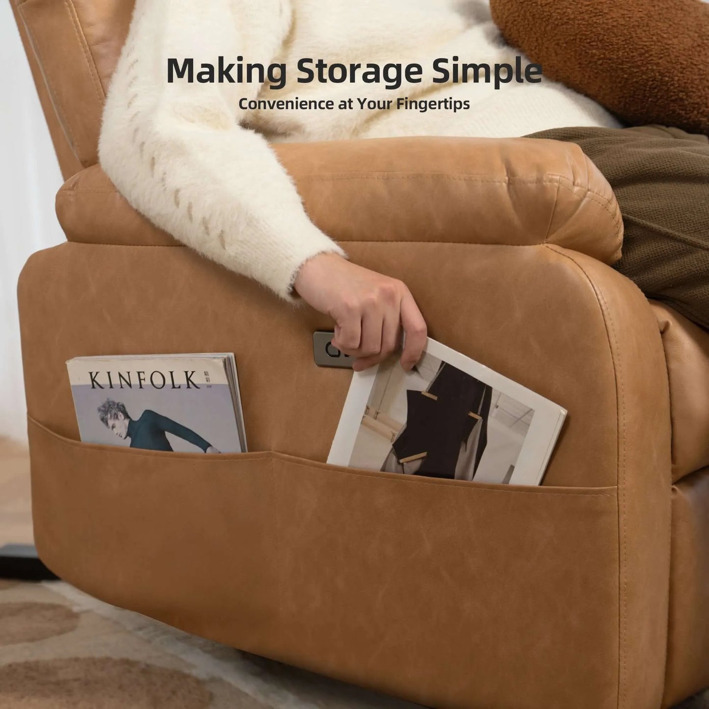 Close up of storage pockets on a brown recliner chair.