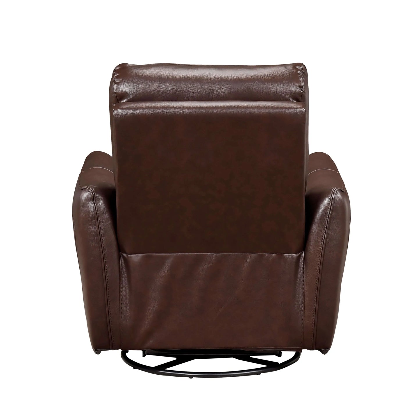 Back view of brown leather recliner chair with a round swivel base on a white background