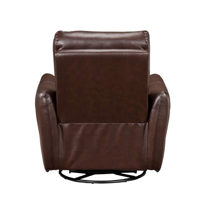 Back view of brown leather recliner chair with a round swivel base on a white background