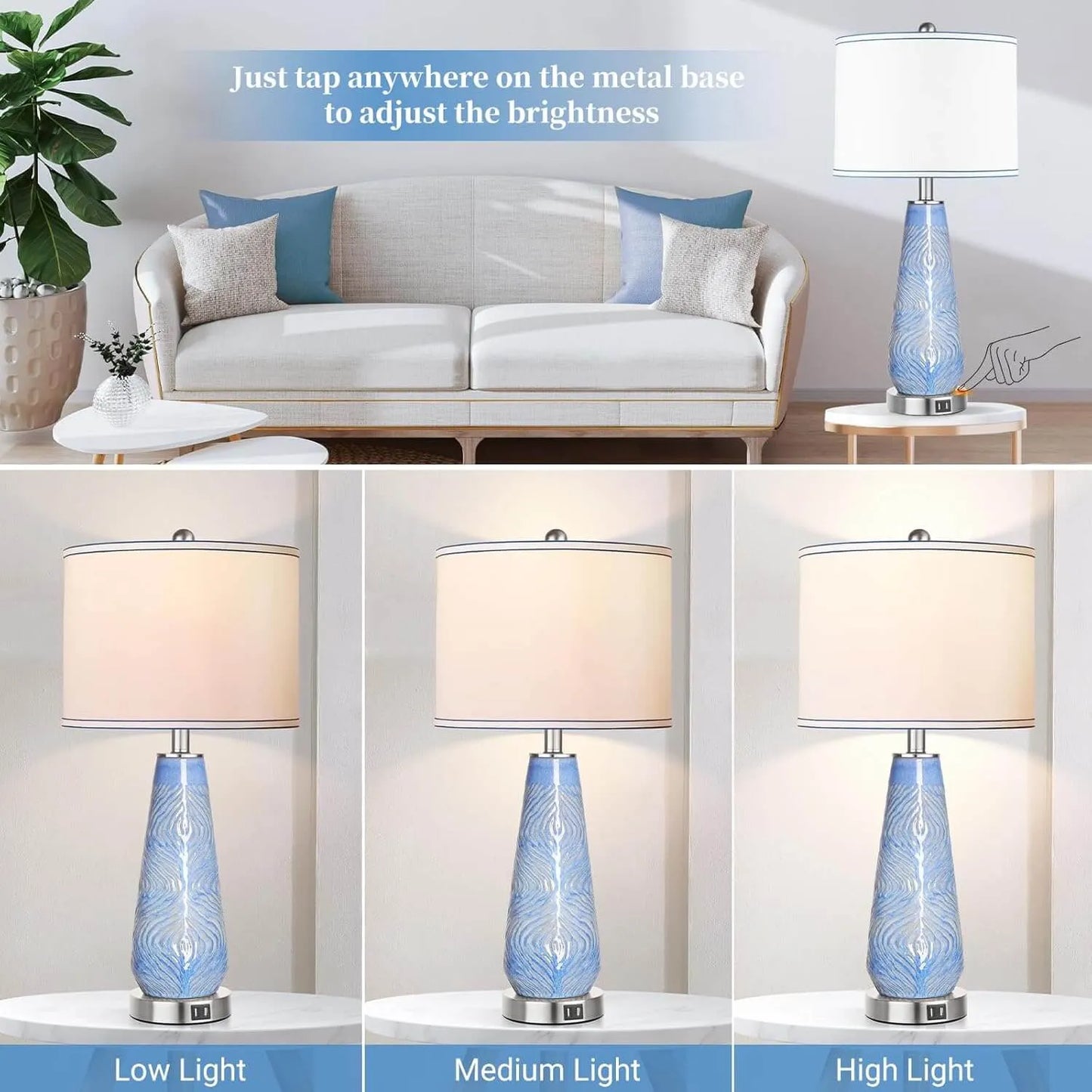 Blue table lamp with decorative design on a white surface, surrounded by a living room setting.