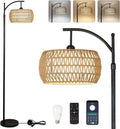 Floor lamp with wicker shade, light bulb, remote controls, and additional images of the lamp.