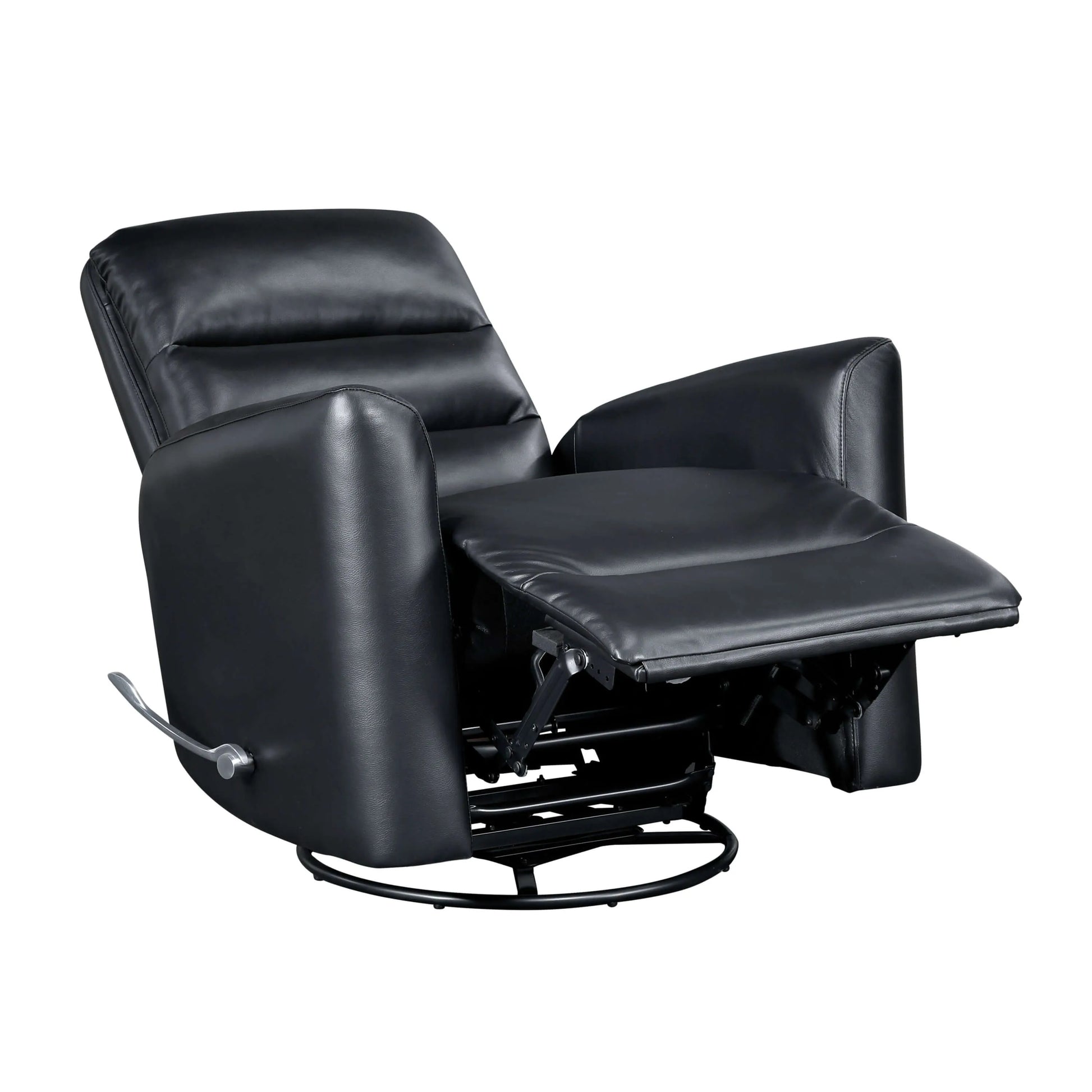 Fully reclined black recliner chair on a white background