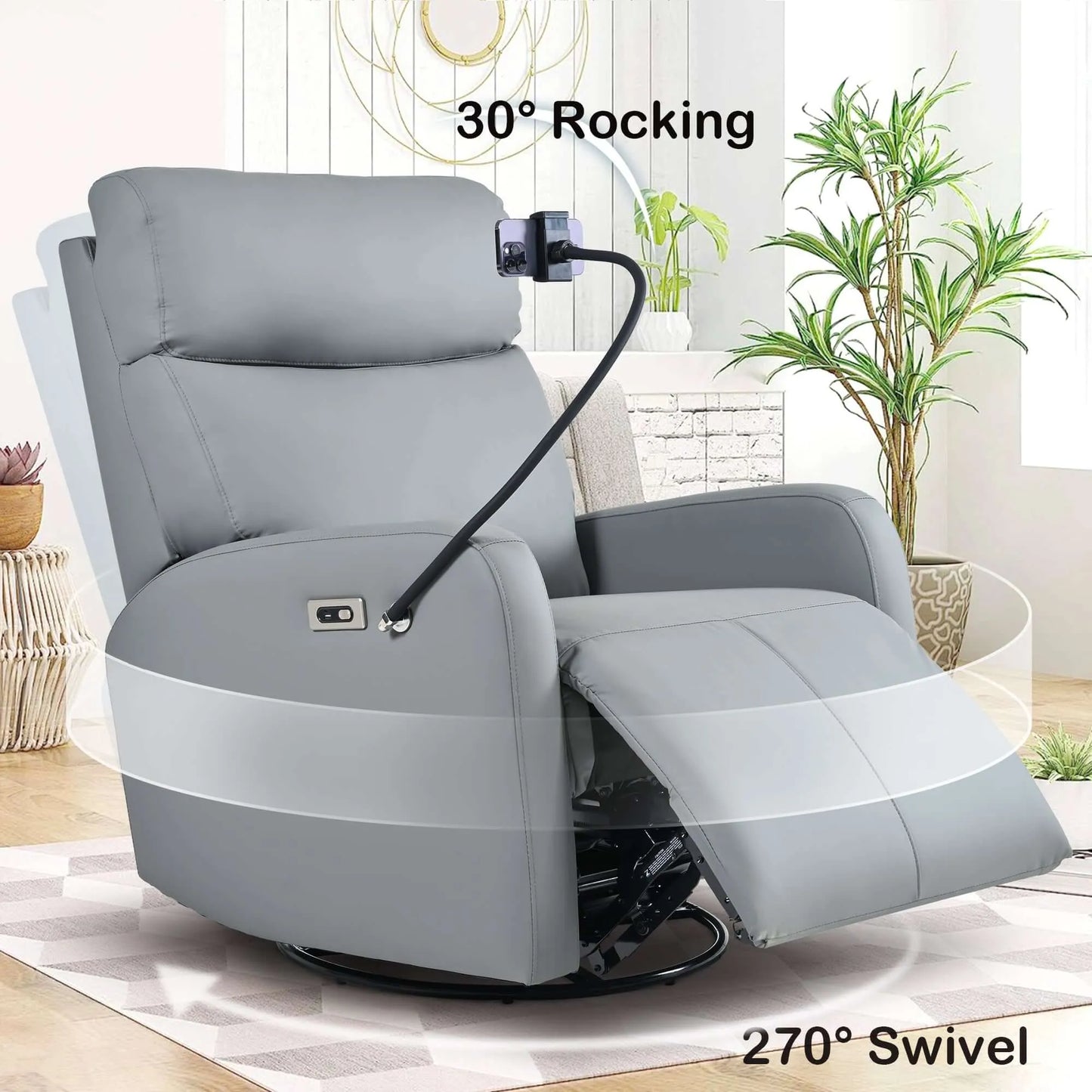 Gray recliner chair with 30° rocking and 270° swivel features in a home setting.