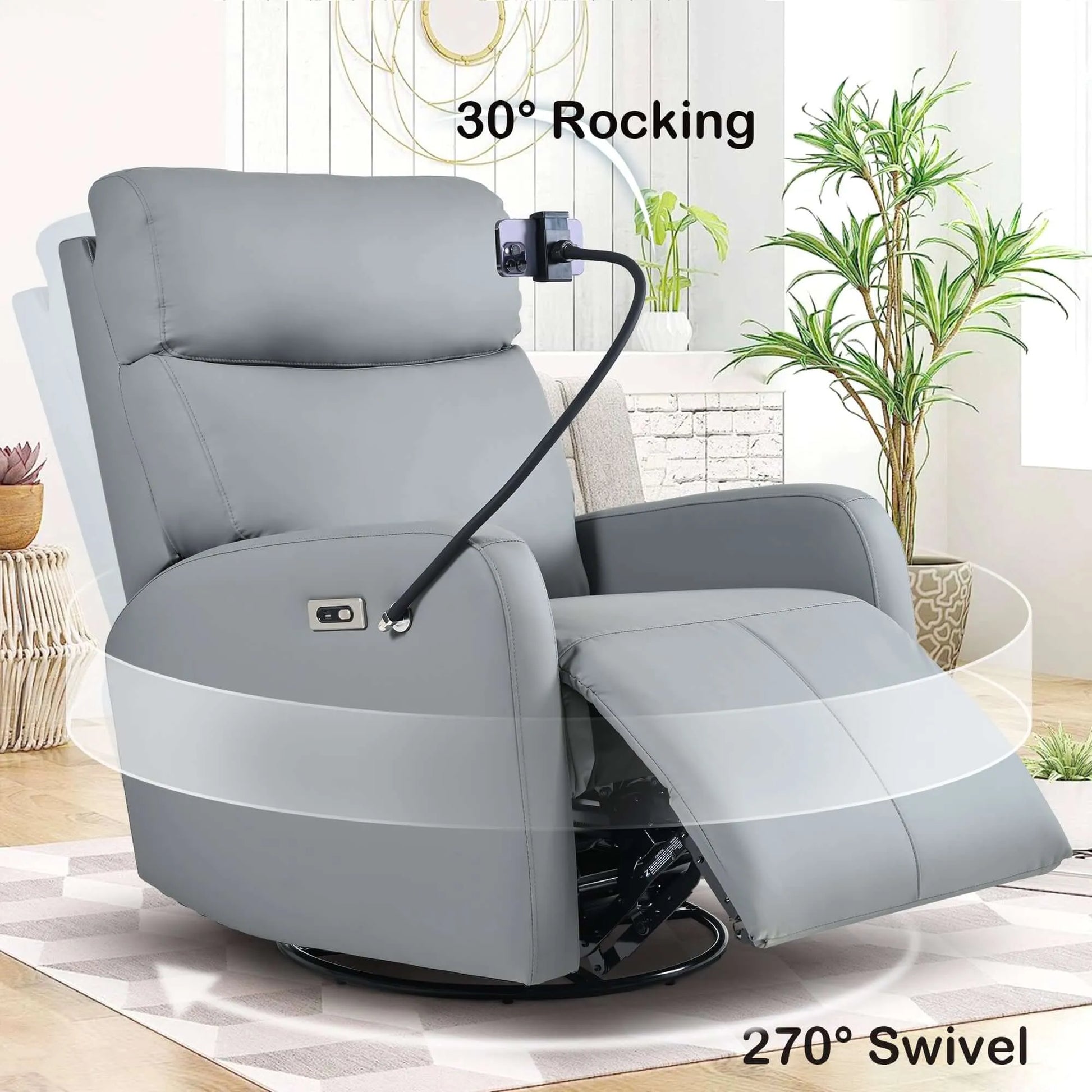 Gray recliner chair with 30° rocking and 270° swivel features in a home setting.