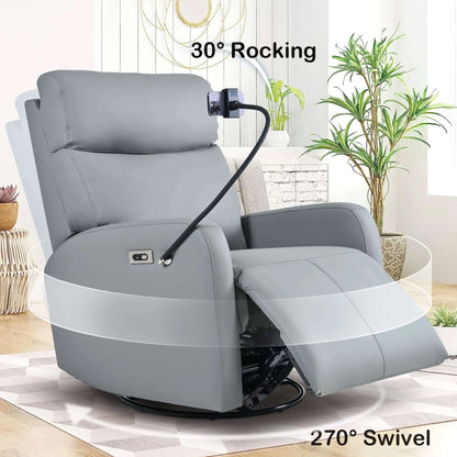 Gray recliner chair with 30° rocking and 270° swivel features in a home setting.