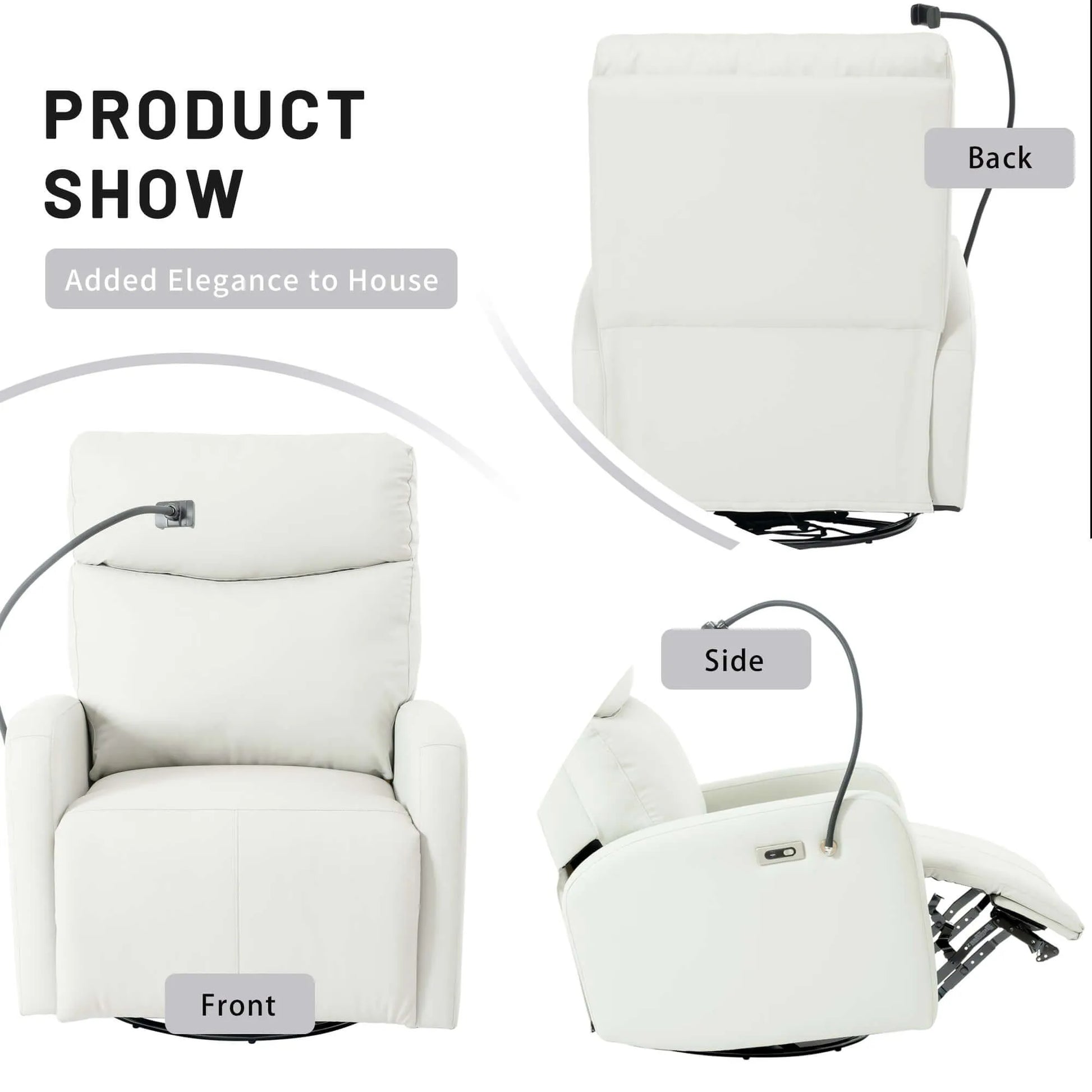 Light gray recliner chair shown from front, side, and back angles with labels indicating different views.