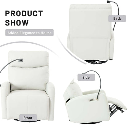 Light gray recliner chair shown from front, side, and back angles with labels indicating different views.