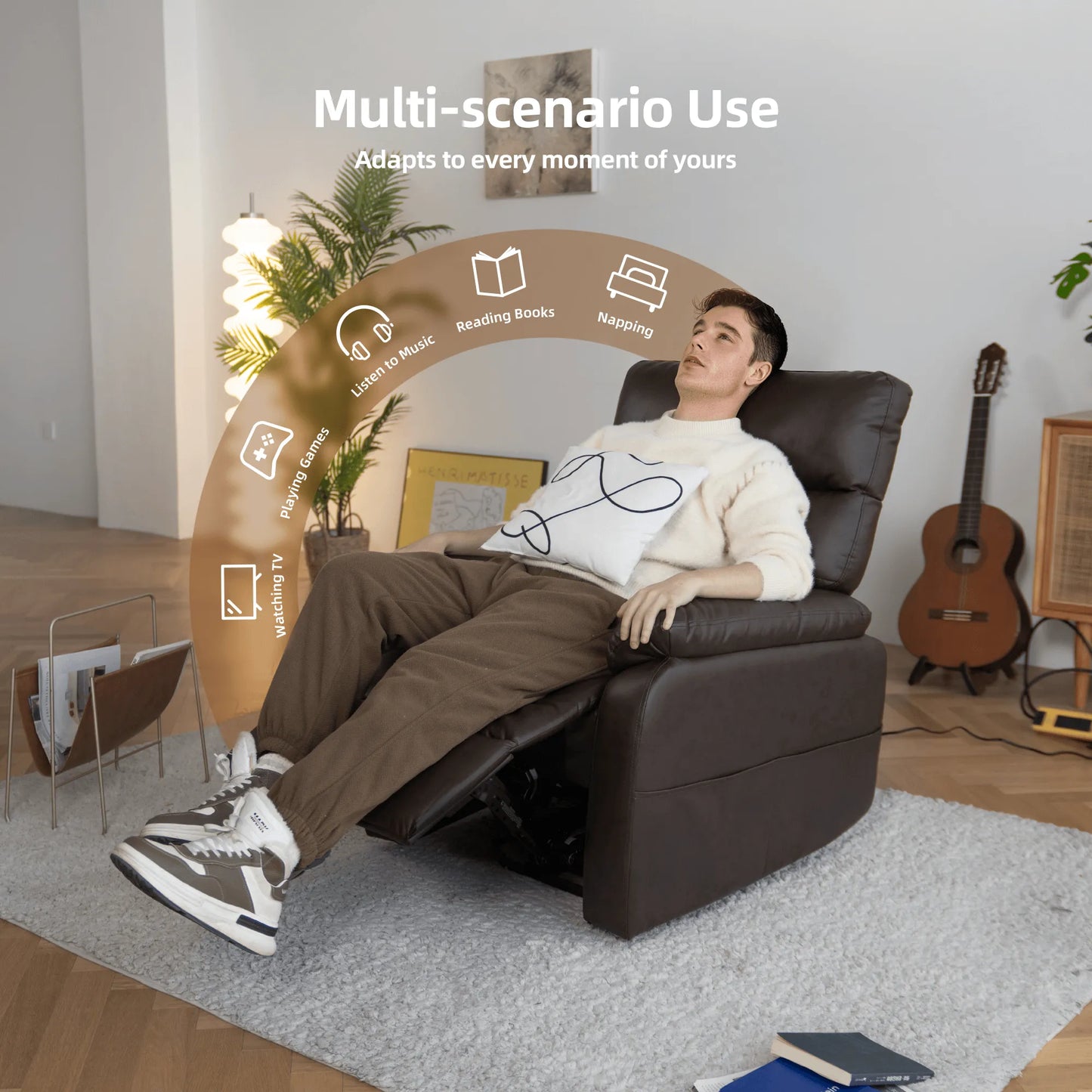 Person relaxing in a recliner chair with text 'Multi-scenario Use' and icons.