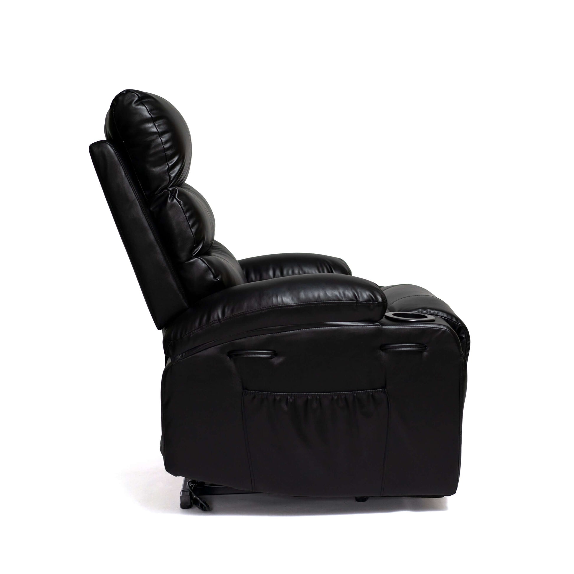 Side view of a Black faux leather power lift recliner chair with wide seat, padded arms, and sleek silhouette—built for comfort, support, and modern style on a white background