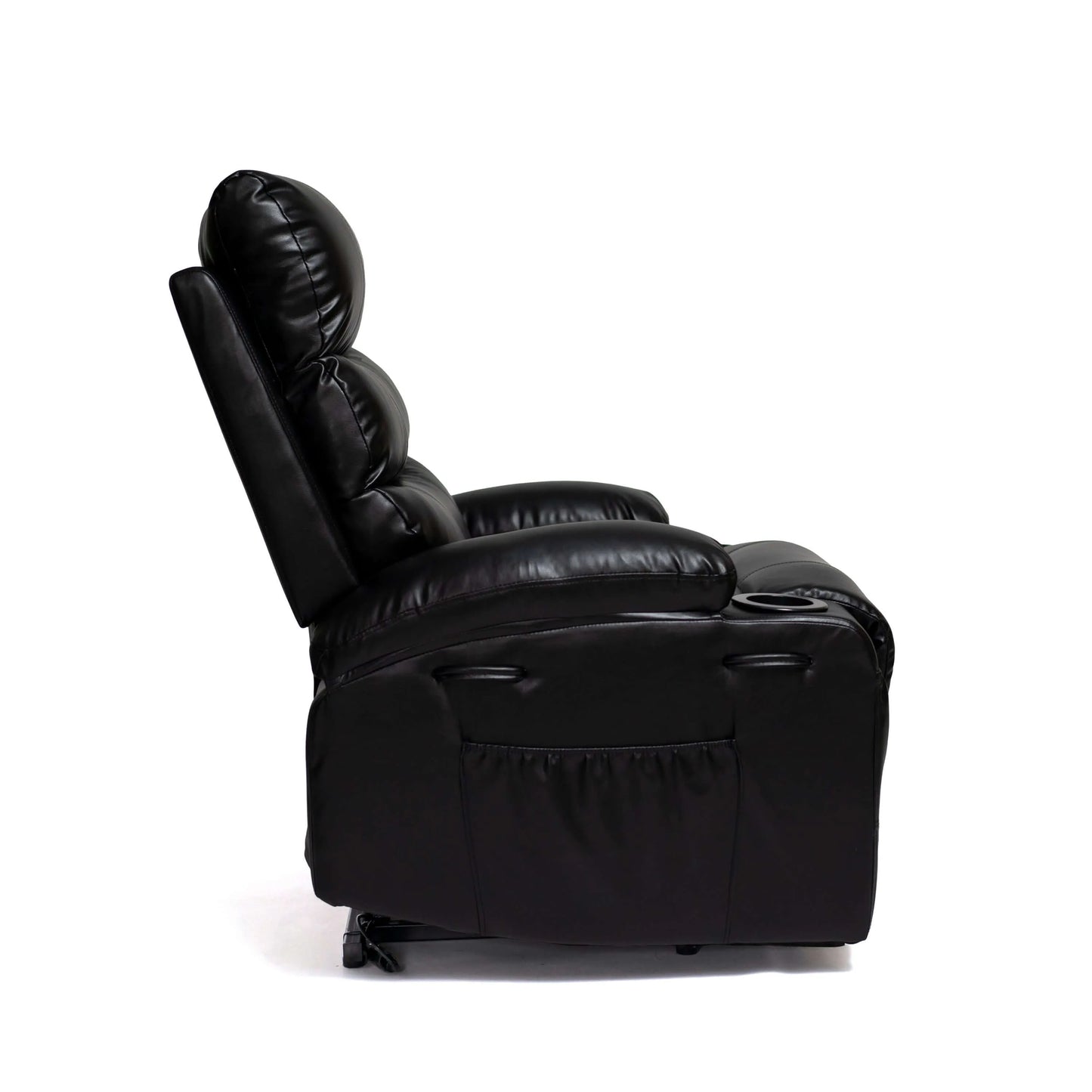 Side view of a Black faux leather power lift recliner chair with wide seat, padded arms, and sleek silhouette—built for comfort, support, and modern style on a white background