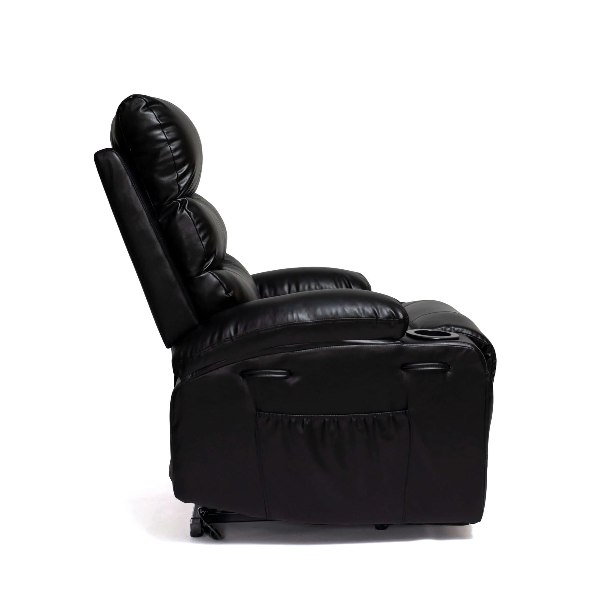 Side view of a Black faux leather power lift recliner chair with wide seat, padded arms, and sleek silhouette—built for comfort, support, and modern style on a white background