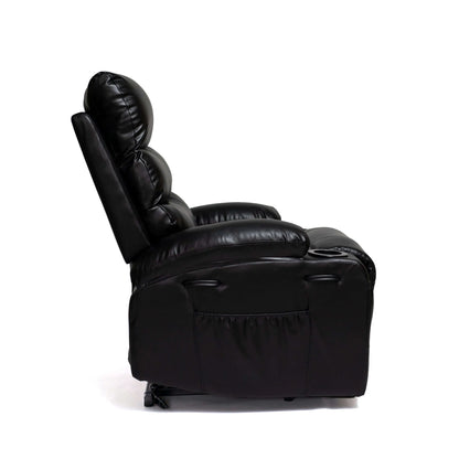Side view of a Black faux leather power lift recliner chair with wide seat, padded arms, and sleek silhouette—built for comfort, support, and modern style on a white background