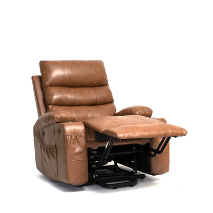 Front view of a brown faux leather power lift recliner chair with wide seat and padded arms with footrest up on a white background