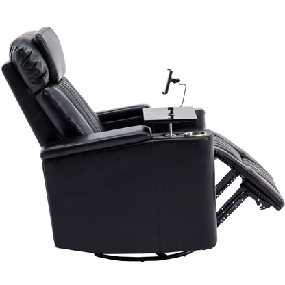 Side view of a black leather recliner chair in a partially reclined position with cup holder and armrest on a white background