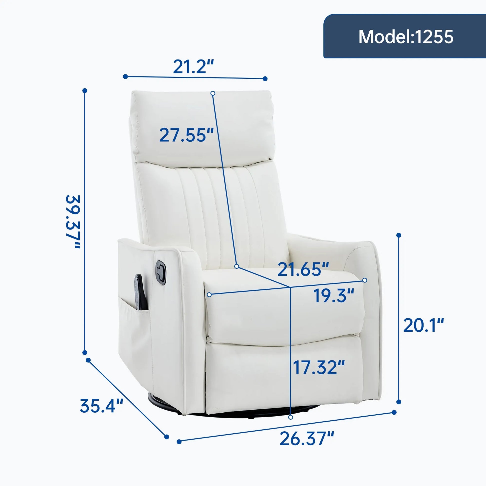 White recliner chair with dimensions marked on a white background