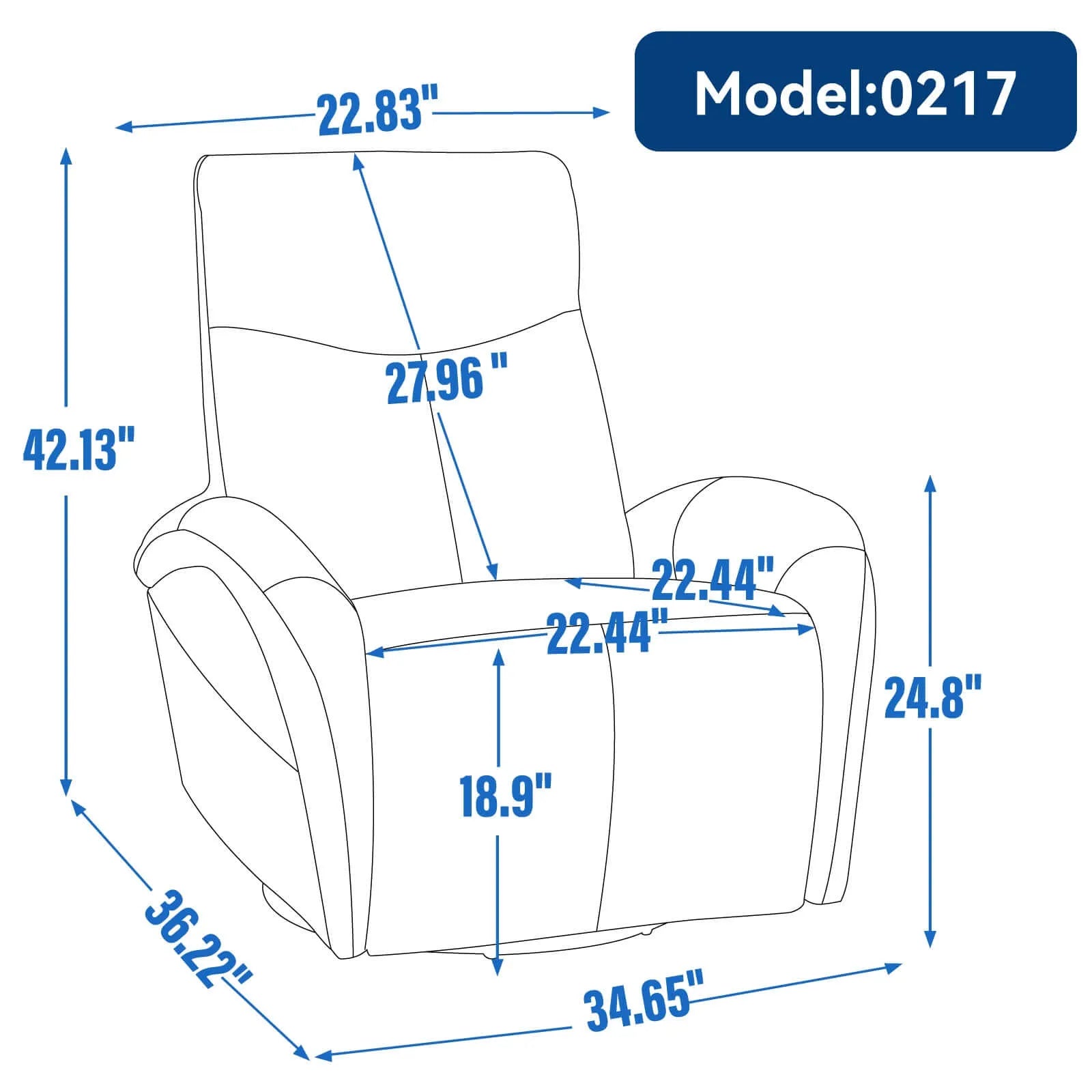 Measurement chart of a recliner chair with dimensions labeled