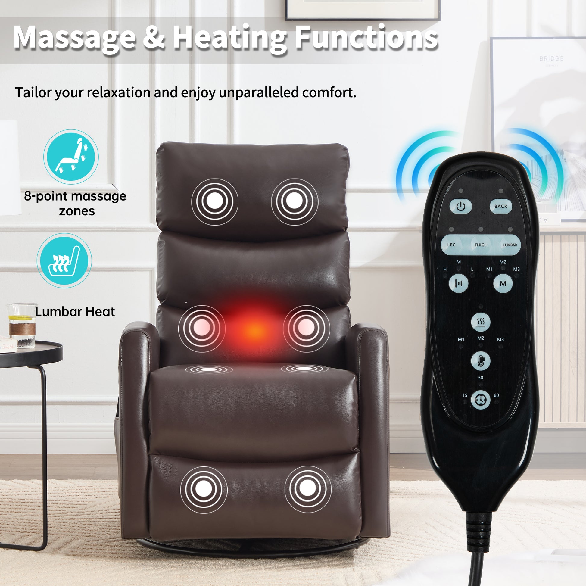 Massage chair with control panel and text highlighting massage and heating functions.