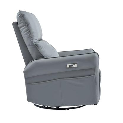 Gray recliner chair with control panel and black swivel base on a white background