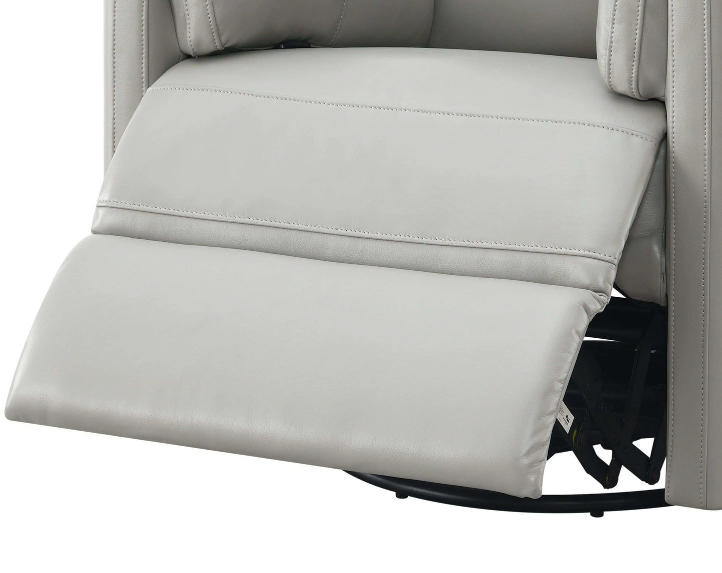 Close up of footrest on a Sagen Gray Faux Leather Glider Recliner with Swivel on a white background.