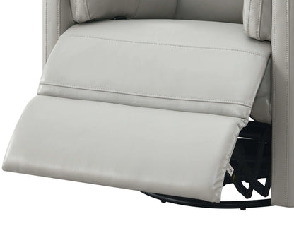 Close up of footrest on a Sagen Gray Faux Leather Glider Recliner with Swivel on a white background.