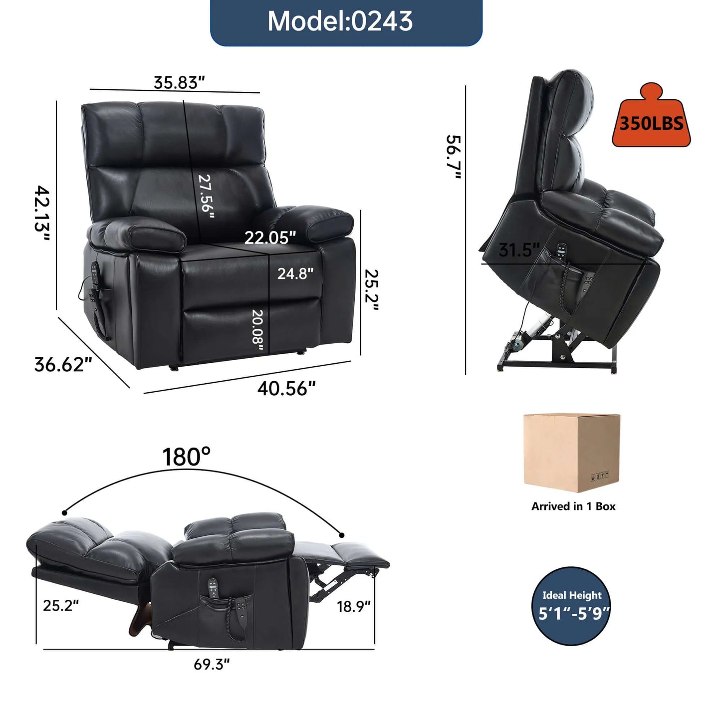Black recliner chair with dimensions and weight capacity details on a white background