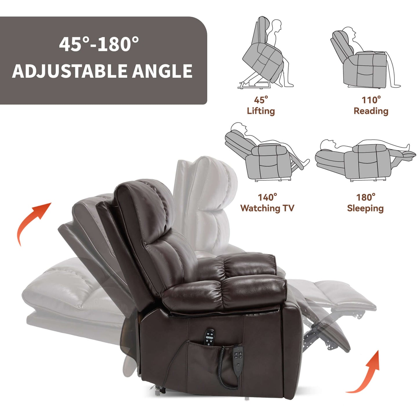Leatheraire Power Lift Recliner w/ Heat, Massage & Remote/Dark Brown