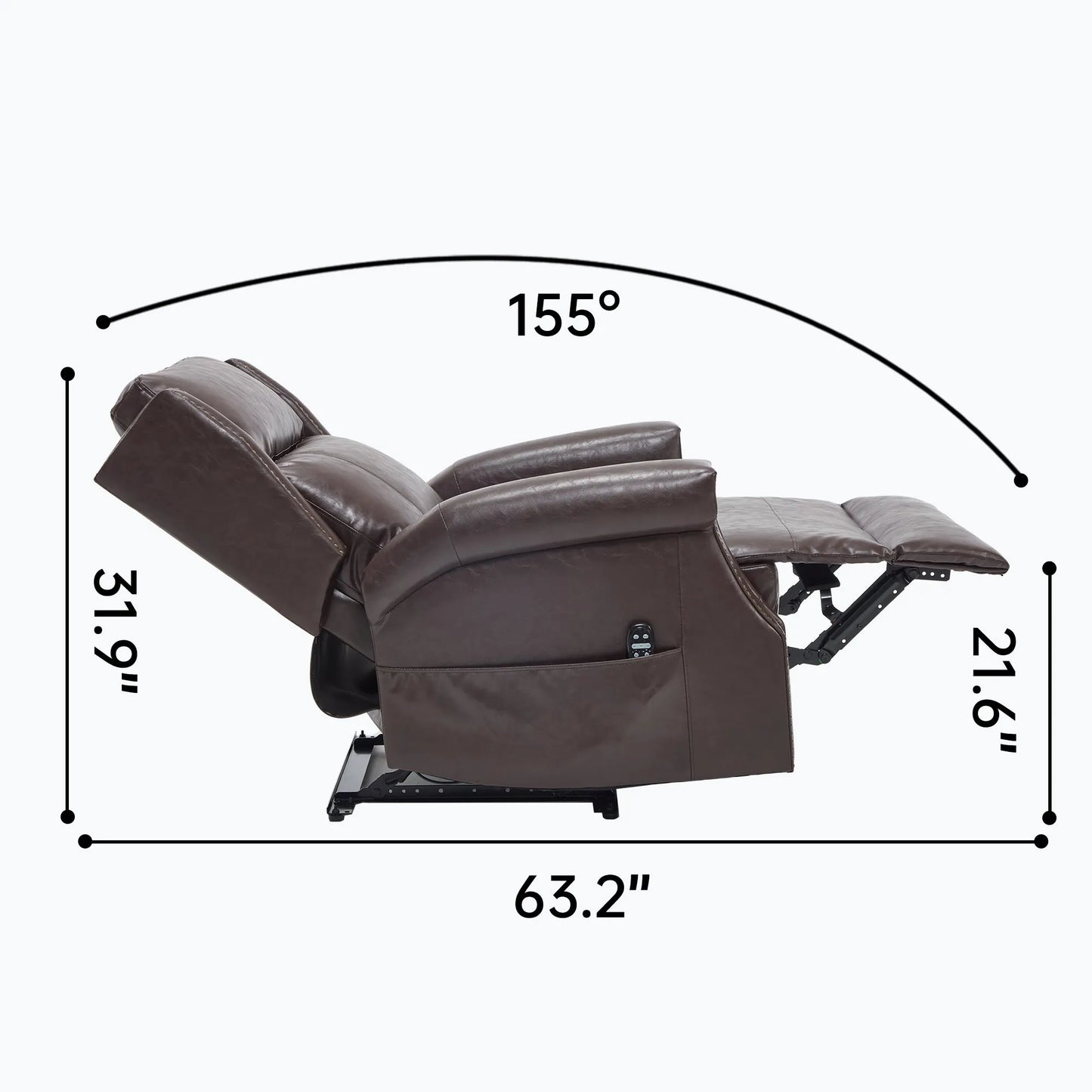Brown recliner chair with dimensions labeled on a white background
