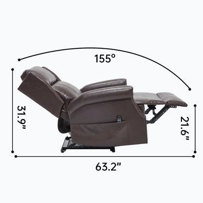 Brown recliner chair with dimensions labeled on a white background